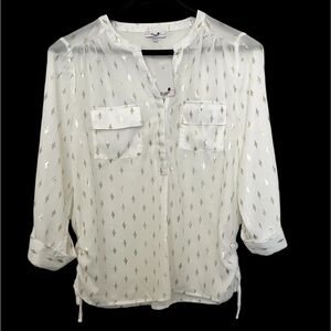 White and Gold Women's Top Size XL 3/4” Sleeves Semi Sheer SEE VIDEO